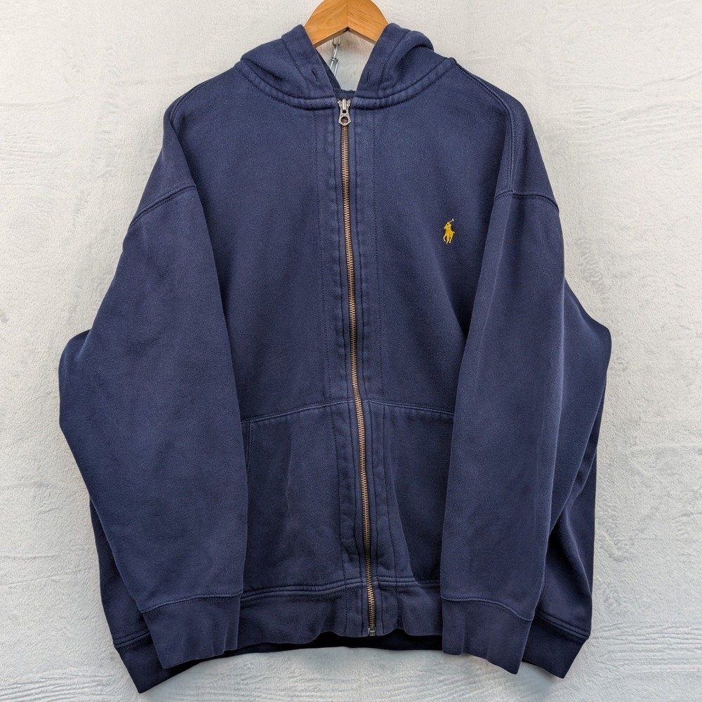 VTG Polo Ralph Lauren Hoodie Men's 3XB Navy Blue Embroidered Pony Fleece Zip Y2K